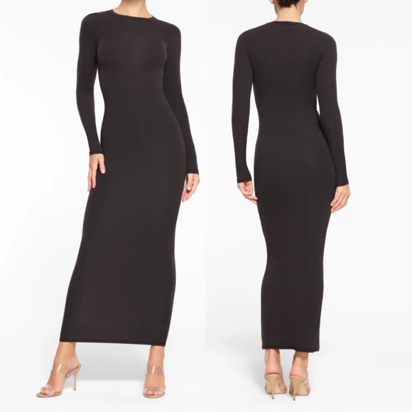 SKIMS Fits Everybody Crewneck Long Sleeve Dress in Onyx L - Picture 2 of 5